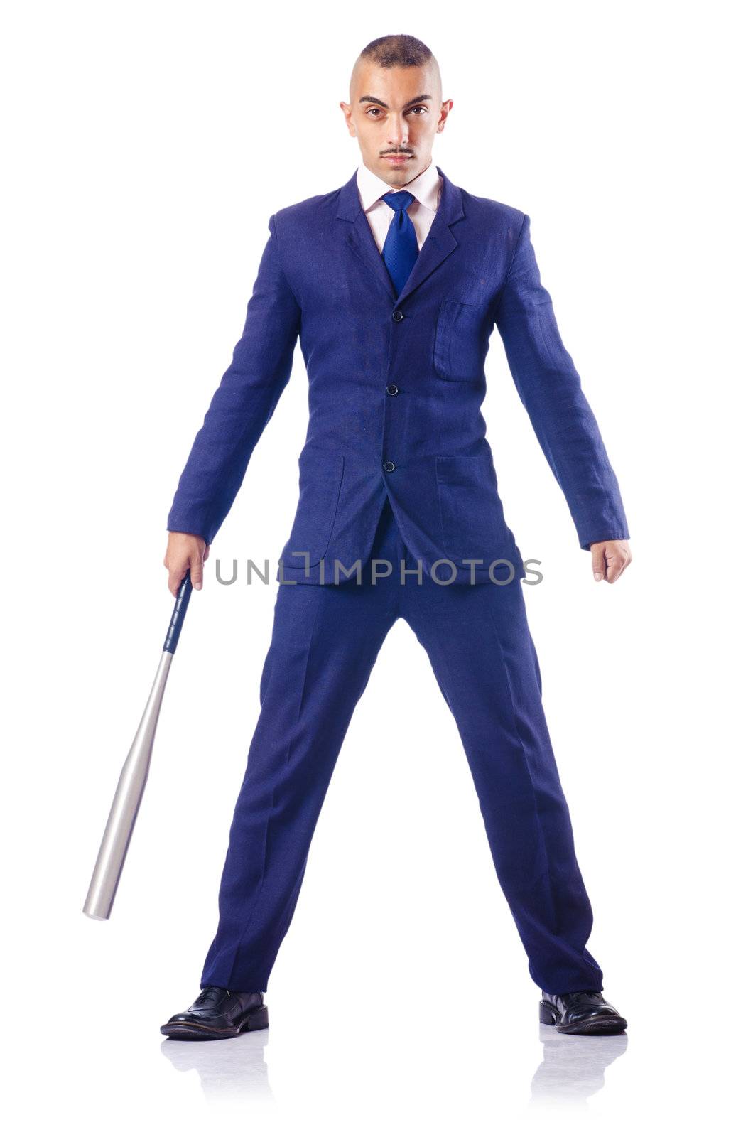 Handsome businessman with bat on white by Elnur