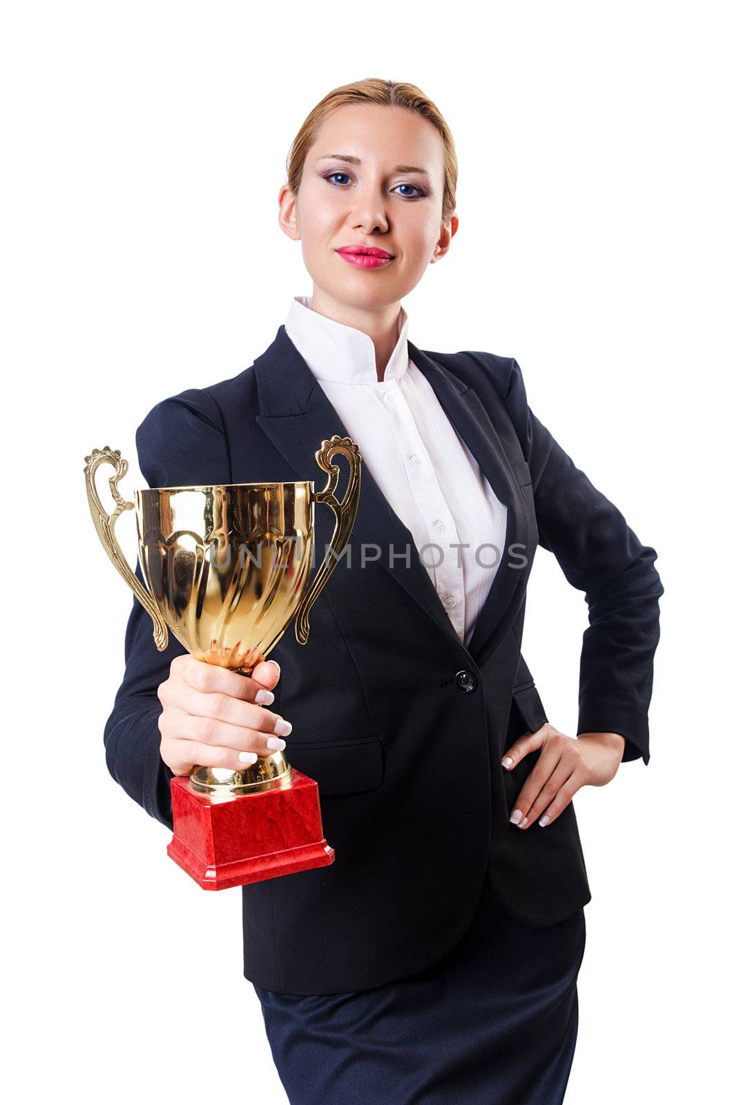 Businesswoman with prize on white