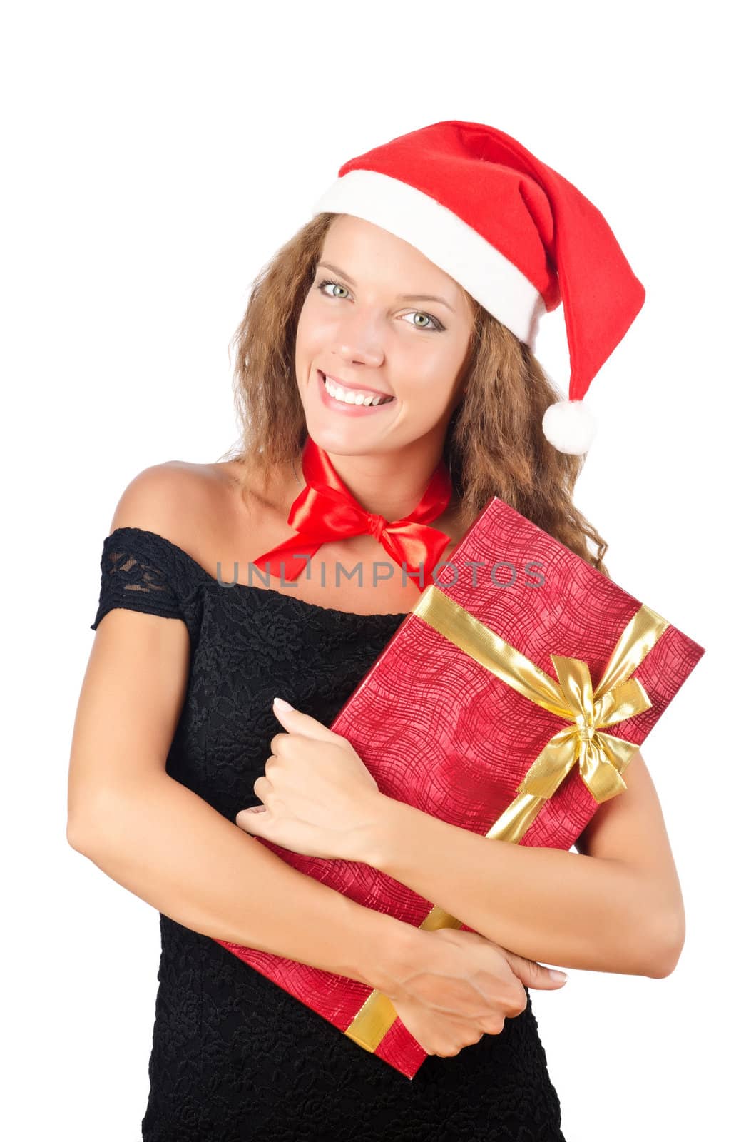 Young santa with giftbox on white