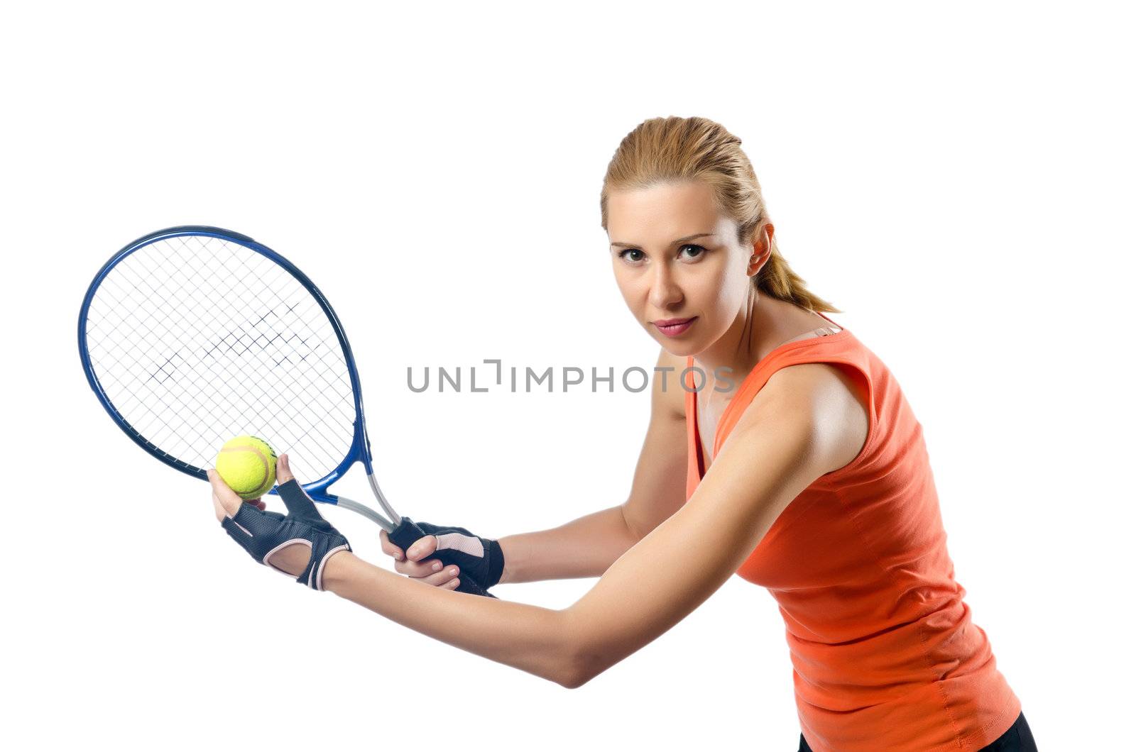 Woman tennis player on white