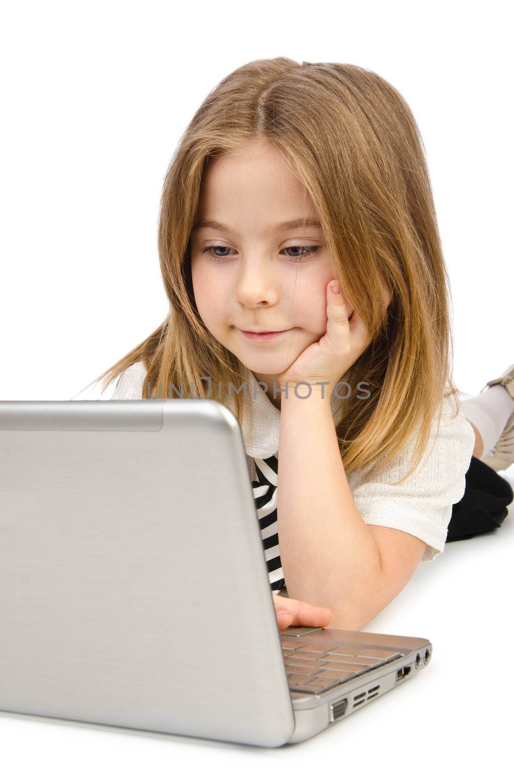 Cute girl with laptop on white