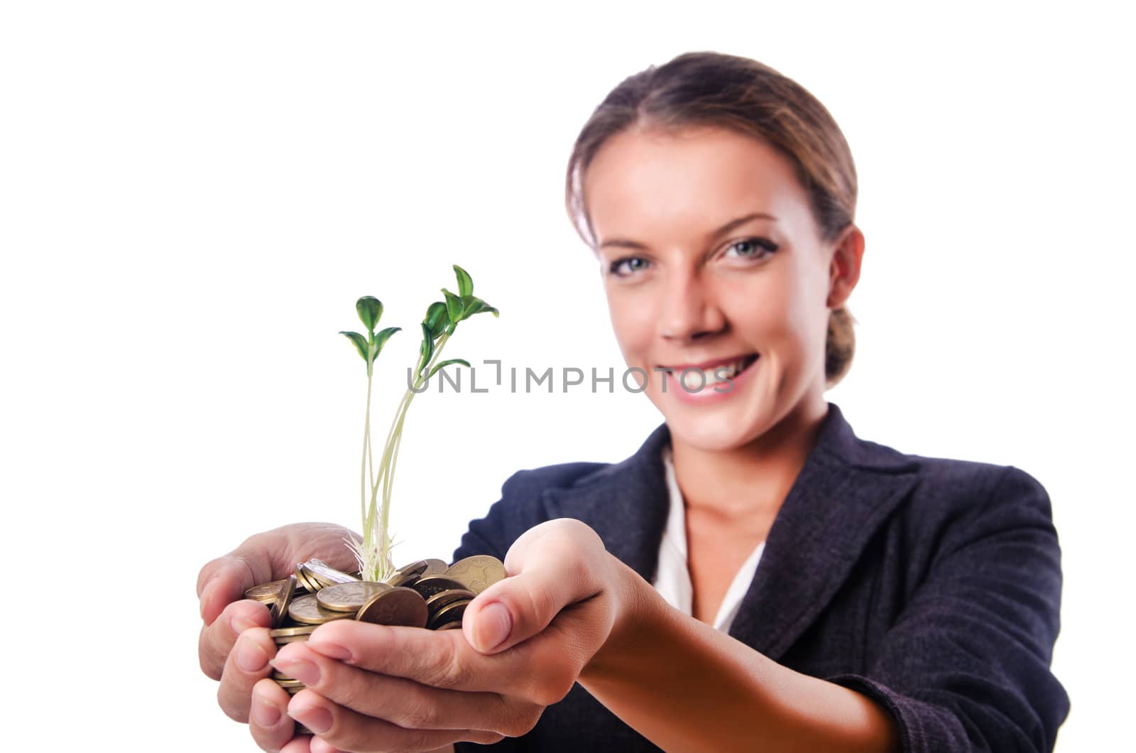 Businesswoman with seedling on white by Elnur