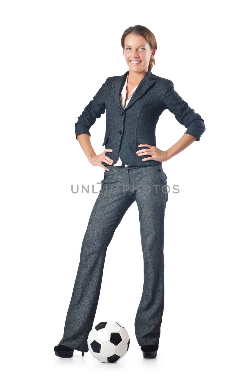 Businesswoman with football on white