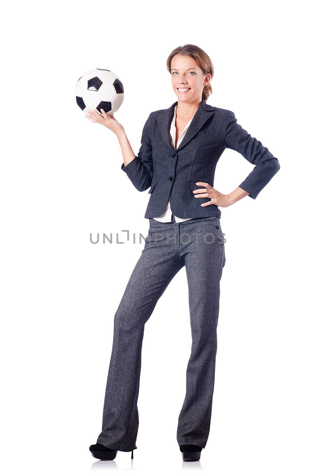 Businesswoman with football on white