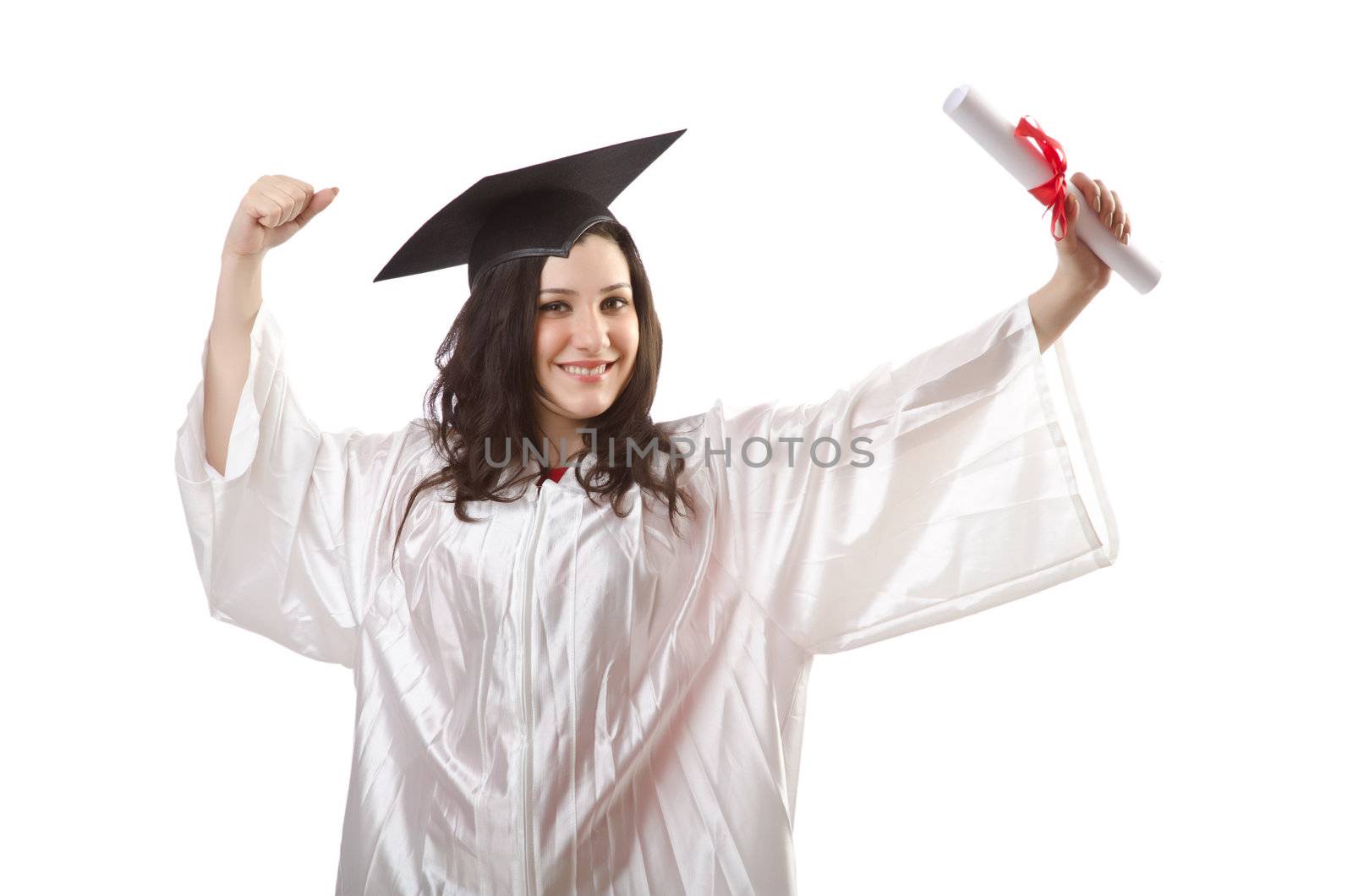 Graduate with diploma on white