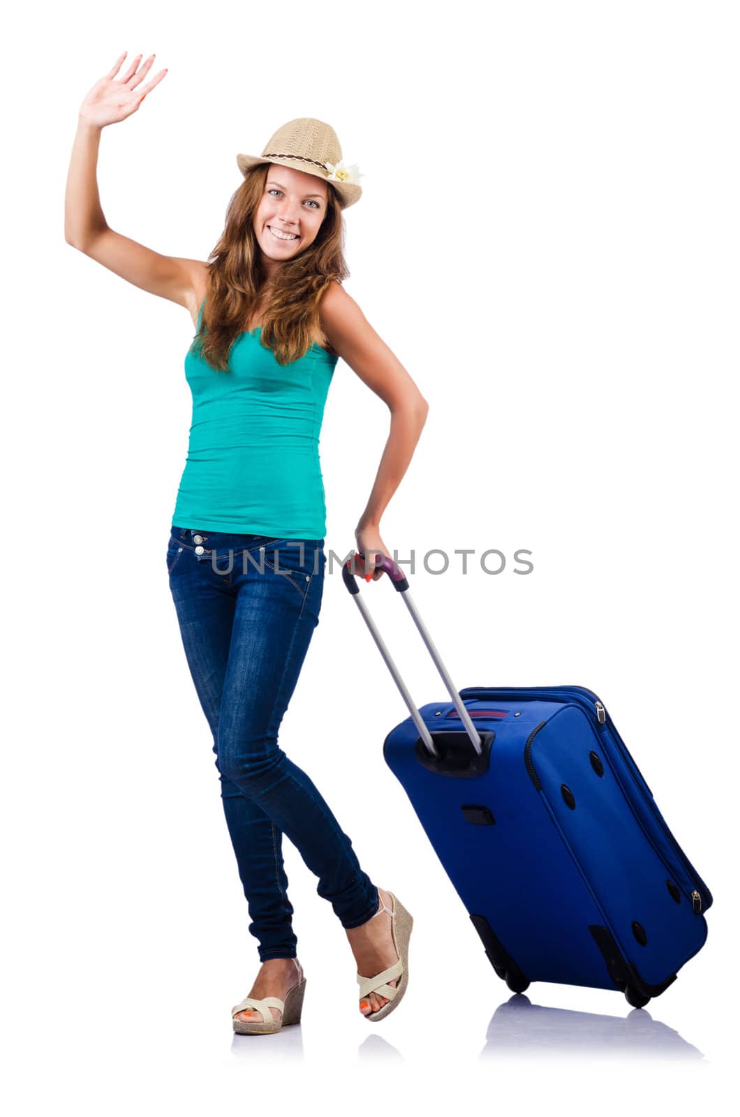 young girl with suitcase on white