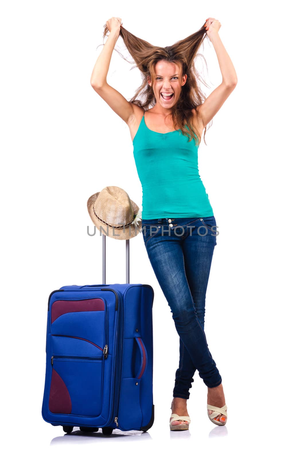 young girl with suitcase on white