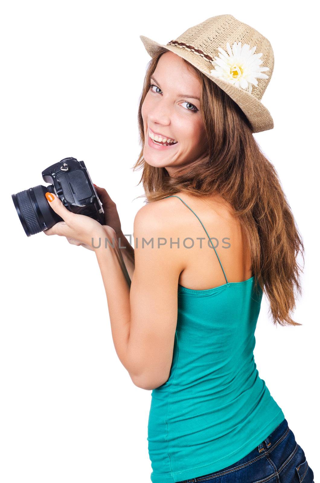Attractive female photographer on white