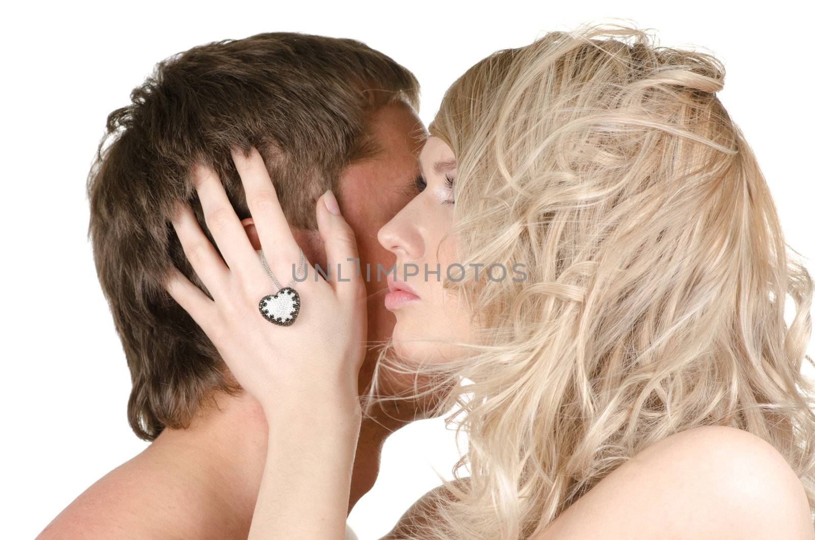 Kissing man and woman - lovers closeup portraits