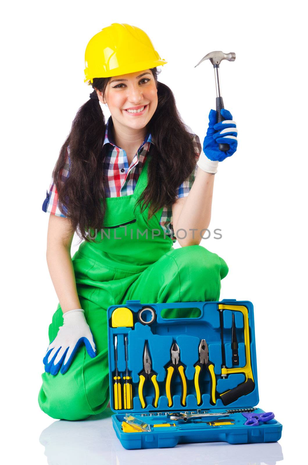 Woman with toolkit on white