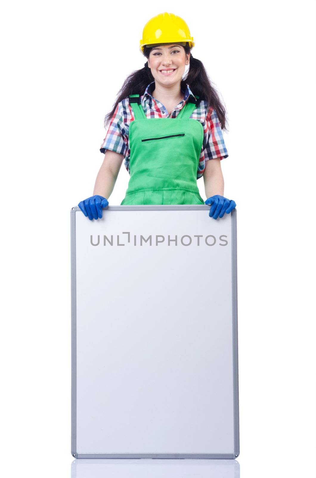 Woman builder with blank board
