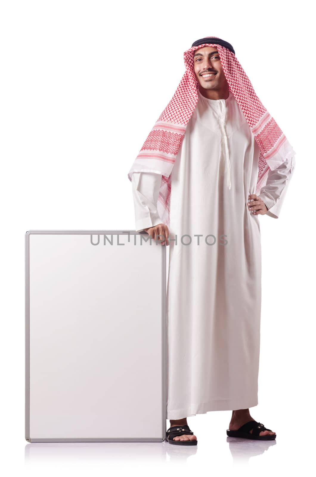 Arab man with blank board on white