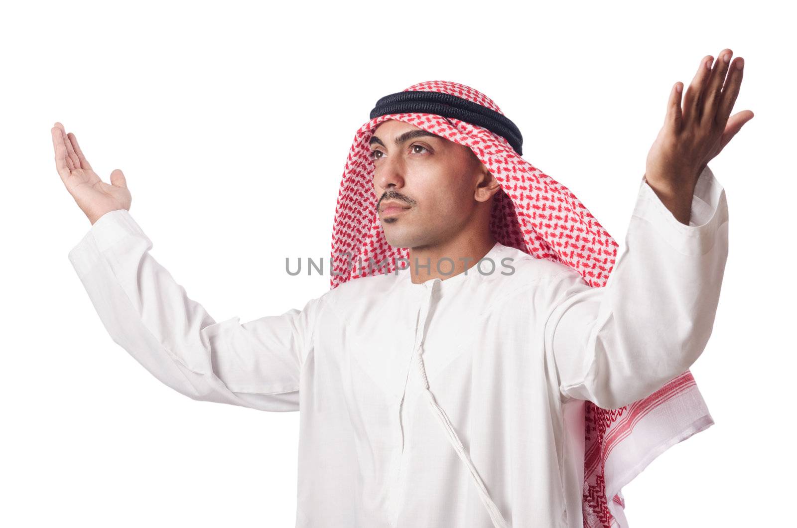 Arab man praying on white