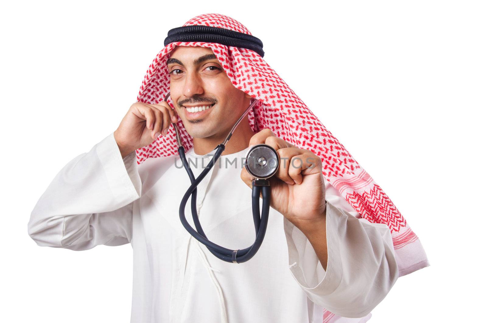 Arab doctor with stethoscope on white by Elnur