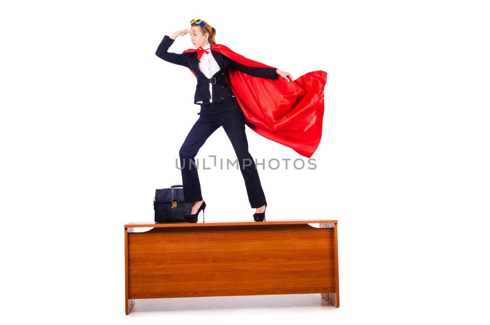 Superwoman standing on the desk