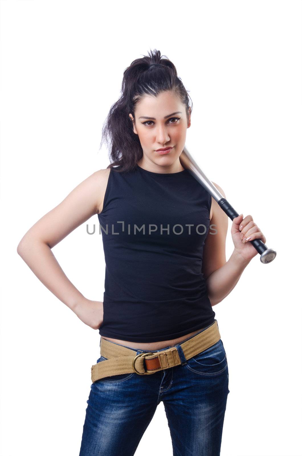 Woman criminal with bat on white