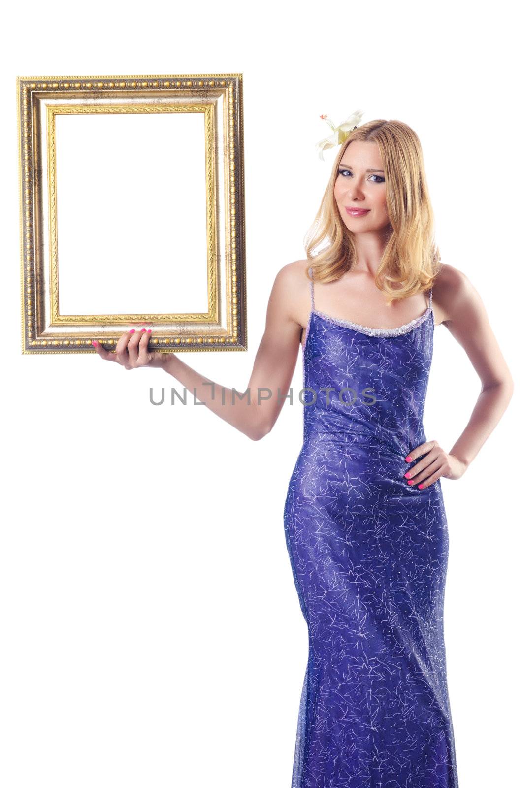 Woman with picture frames on white