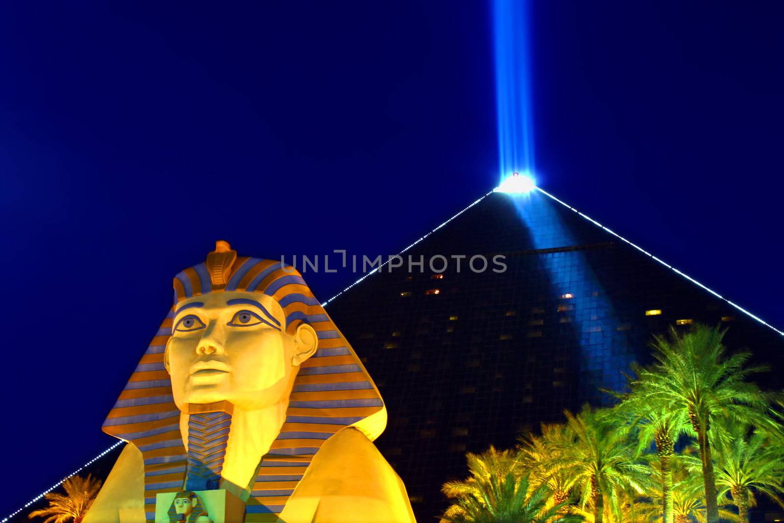Las Vegas, USA - October 29, 2011: Luxor Las Vegas is an Egyptian themed hotel and casino on the famous Las Vegas Strip. The hotel was opened in 1993 and contains a replica of the Great Sphinx of Giza and a pyramid shaped building with a spotlight.