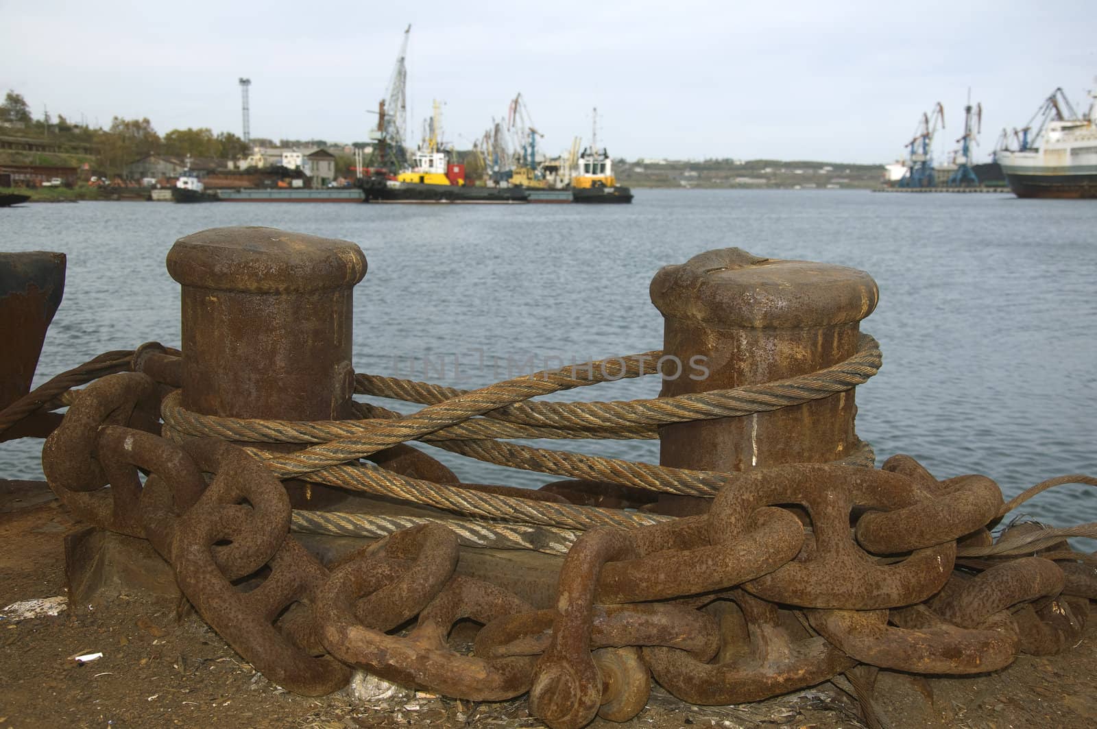 bollard and chain on an old ship dock