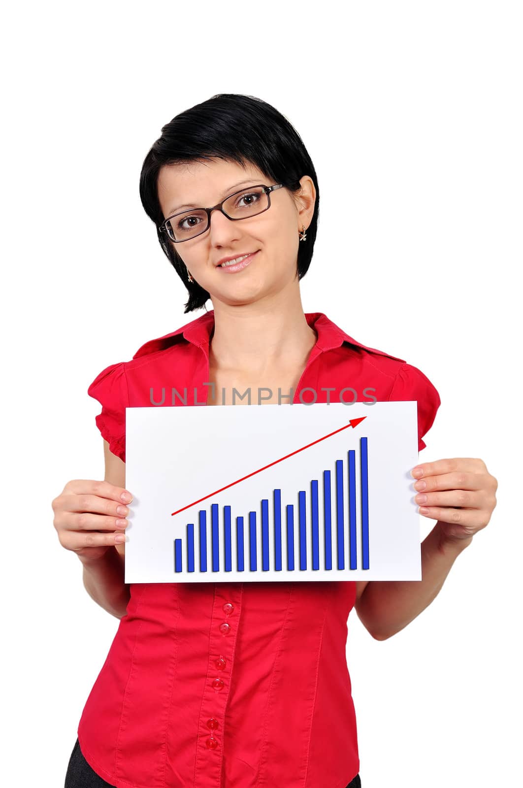 Woman holding a placard graph profits