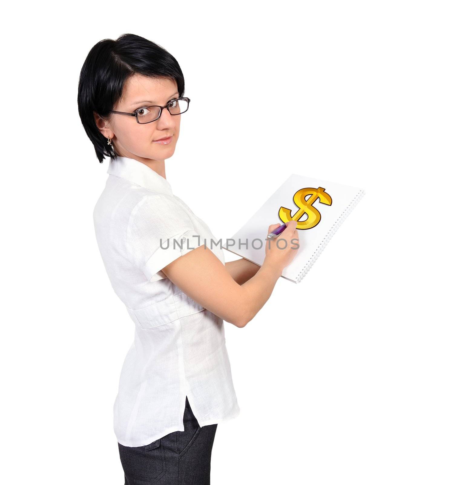 Woman holding a placard  dollar symbol