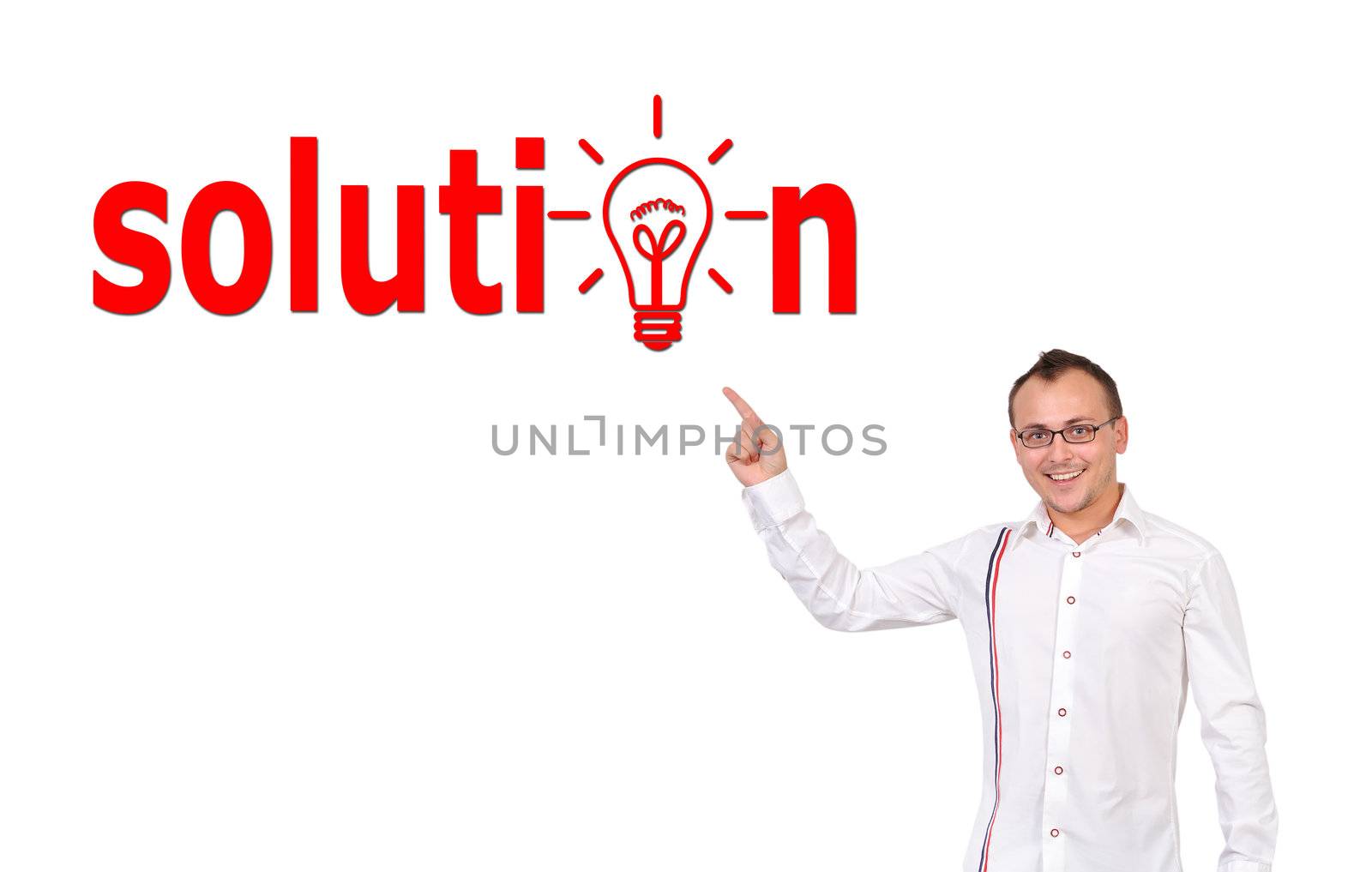 businessman points to solution symbol