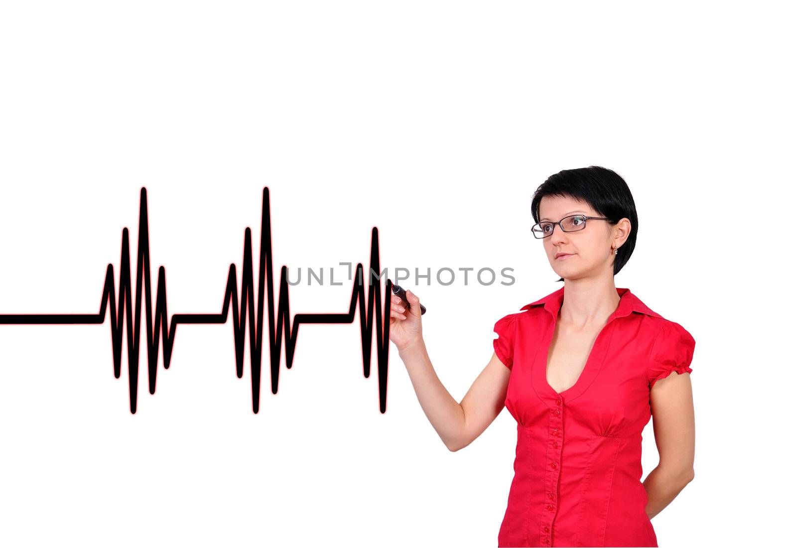 businesswoman drawing pulse  on a white background