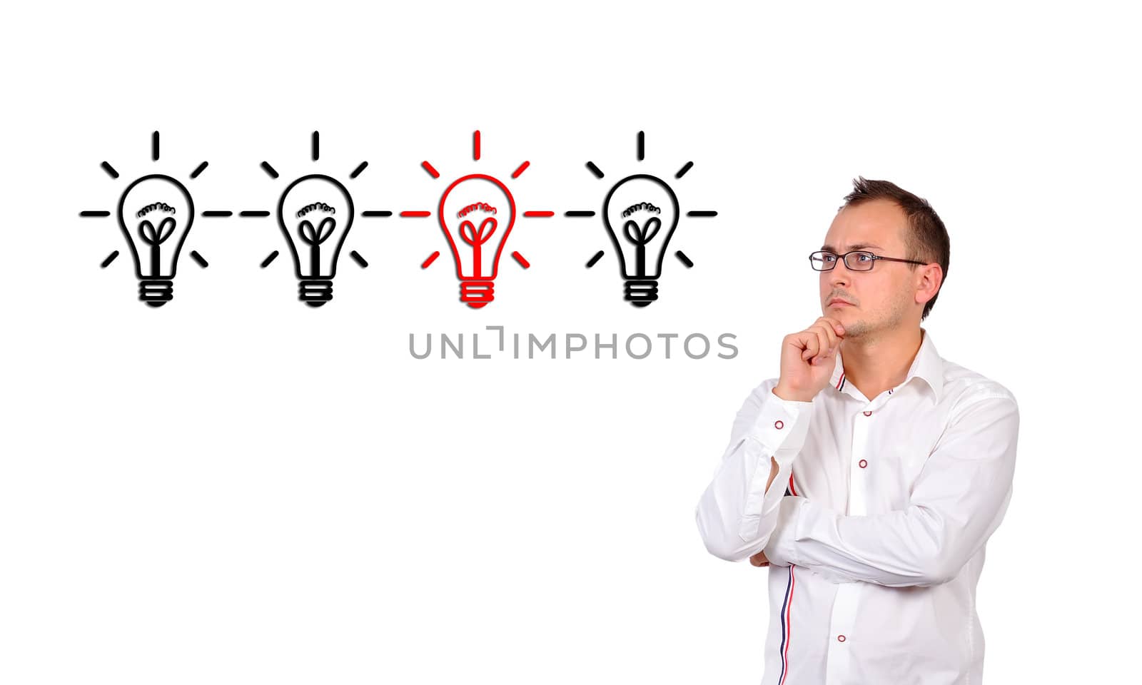 businessman looks at four light bulbs, idea concept