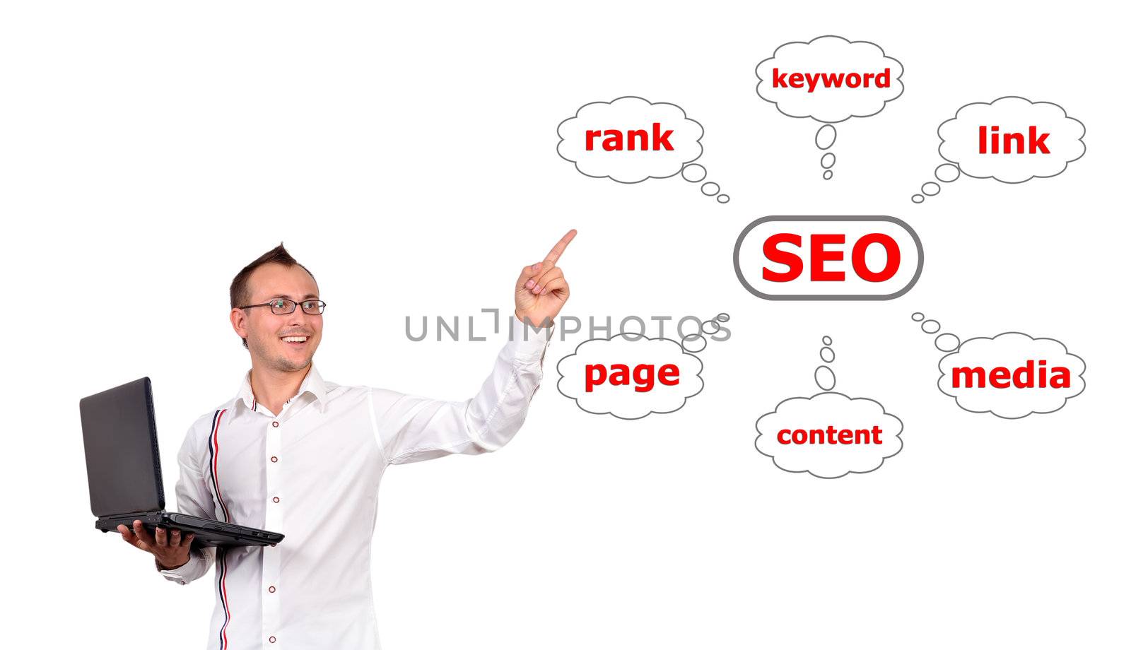 man with a laptop in hand points to seo