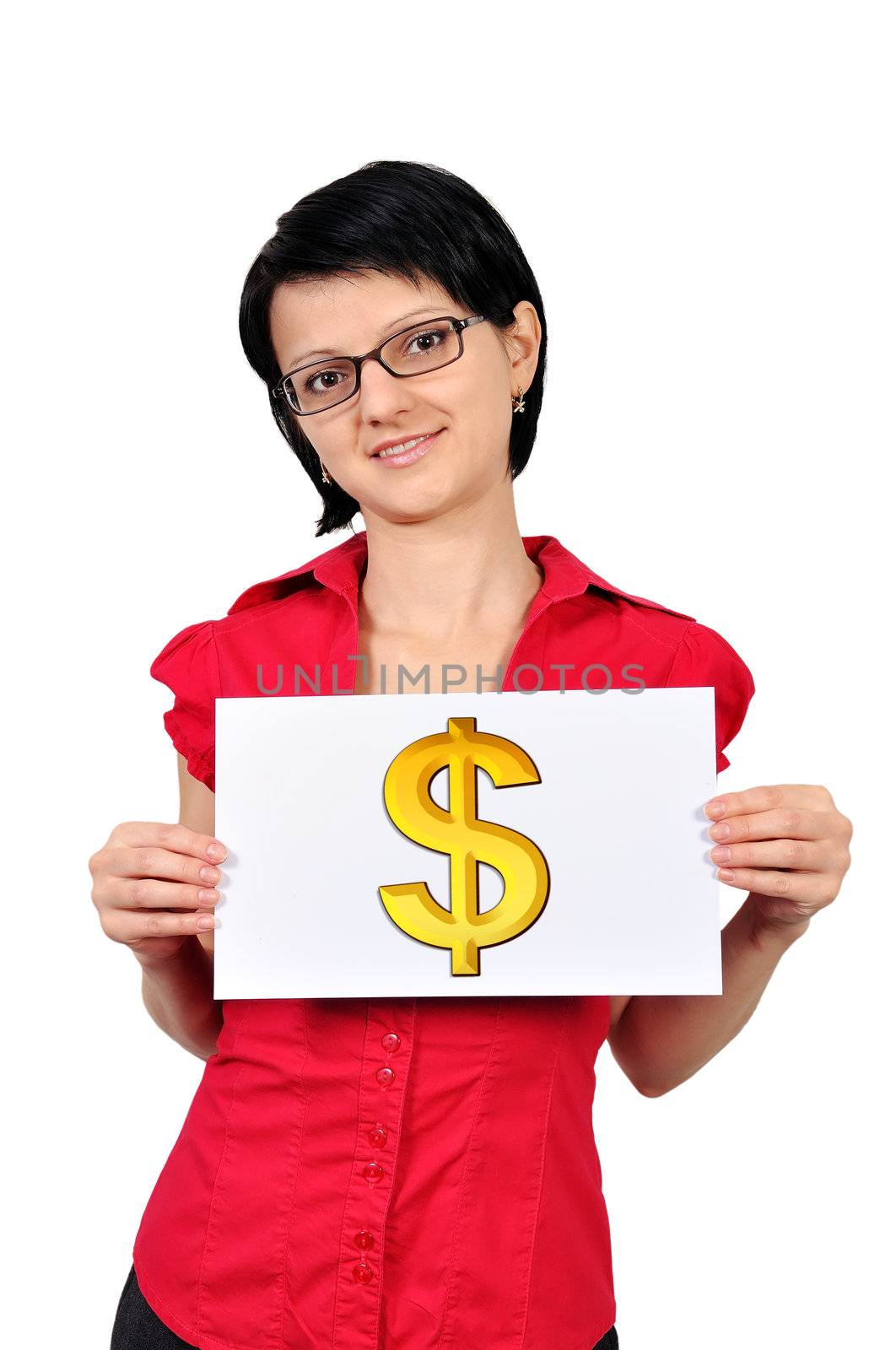 Woman holding a placard dollar symbol