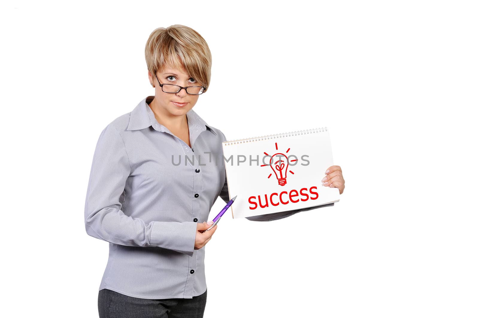 Woman holding a placard with success