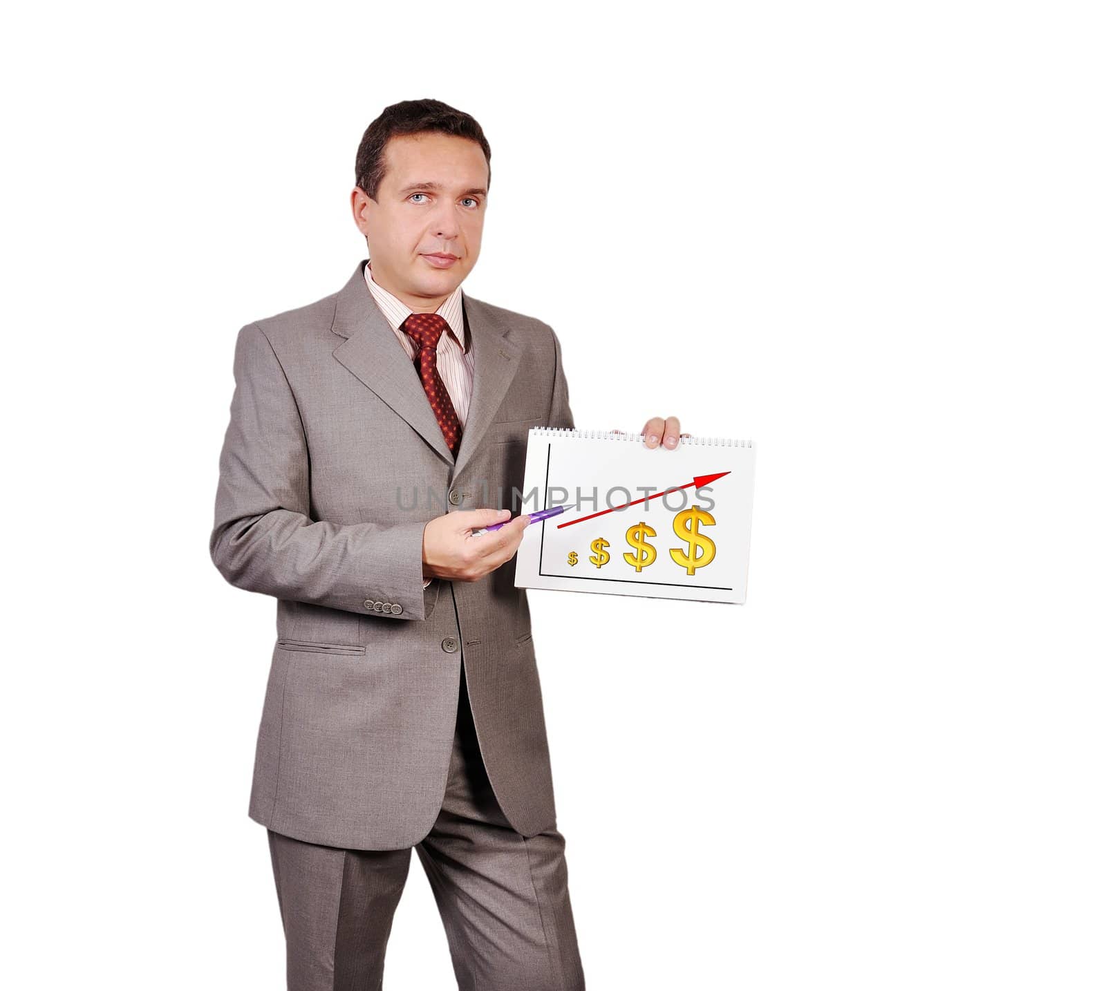 businessman holding  placard with rising dollar