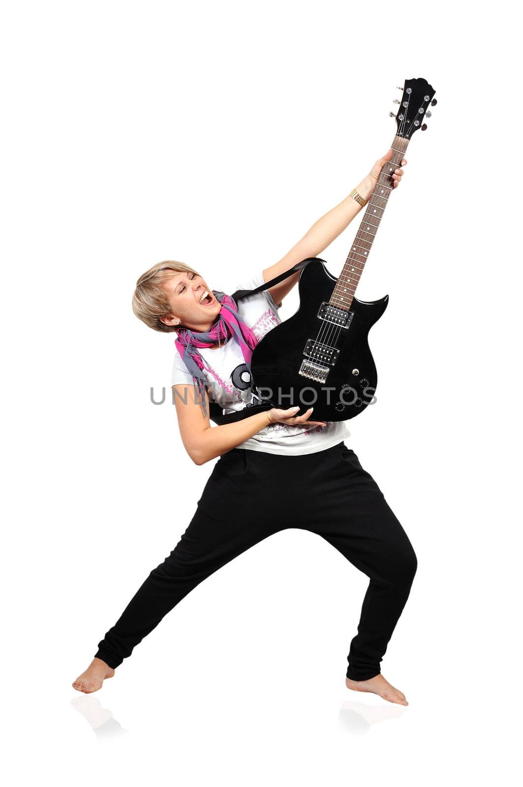 girl with guitar on a white background
