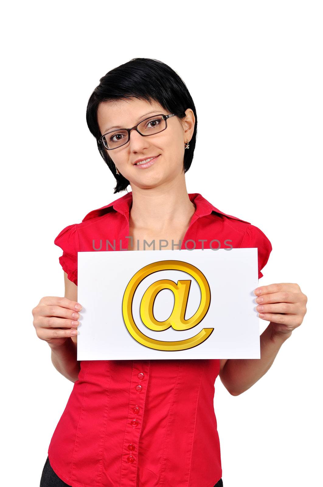 Woman holding a placard question mail symbol