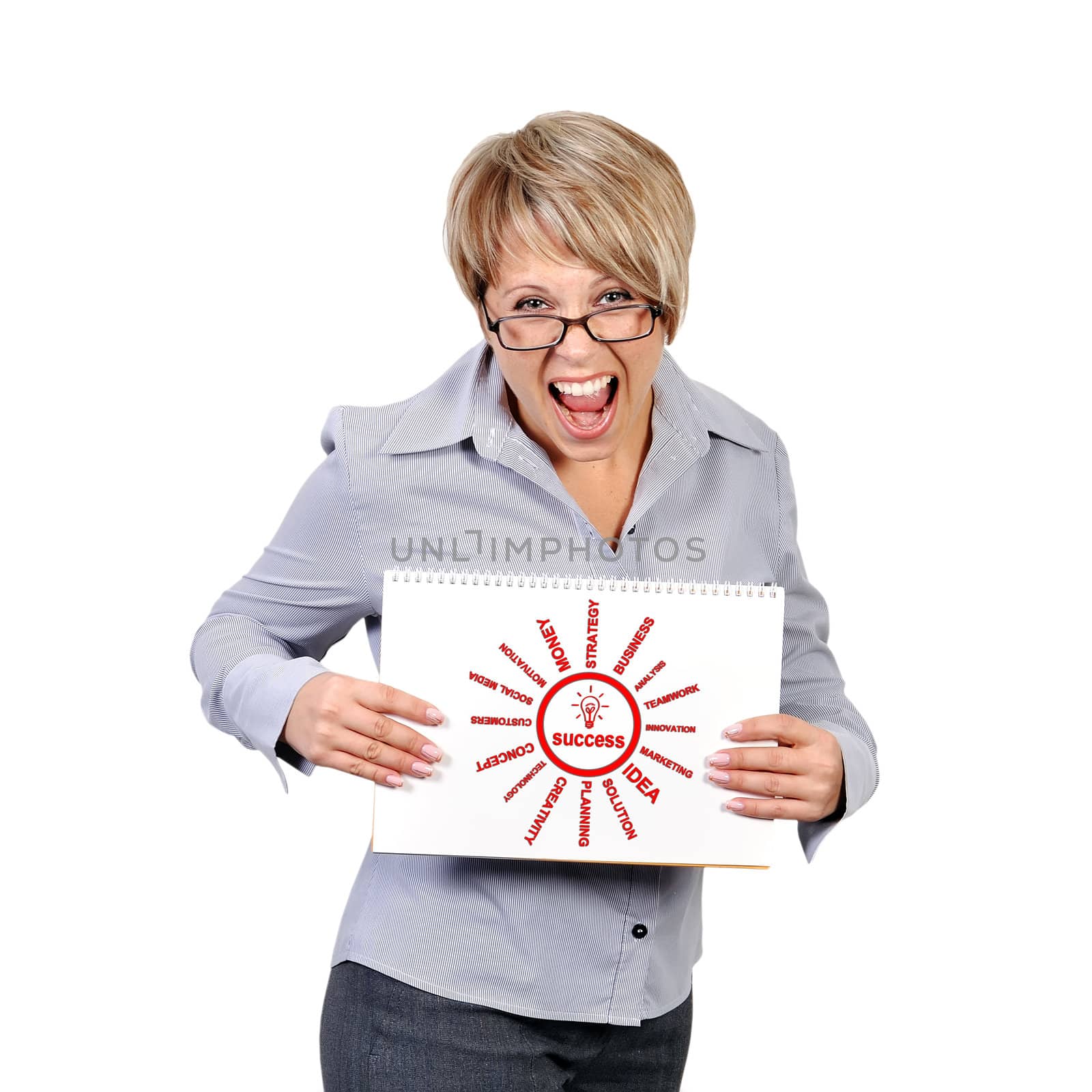 Woman holding a placard with success
