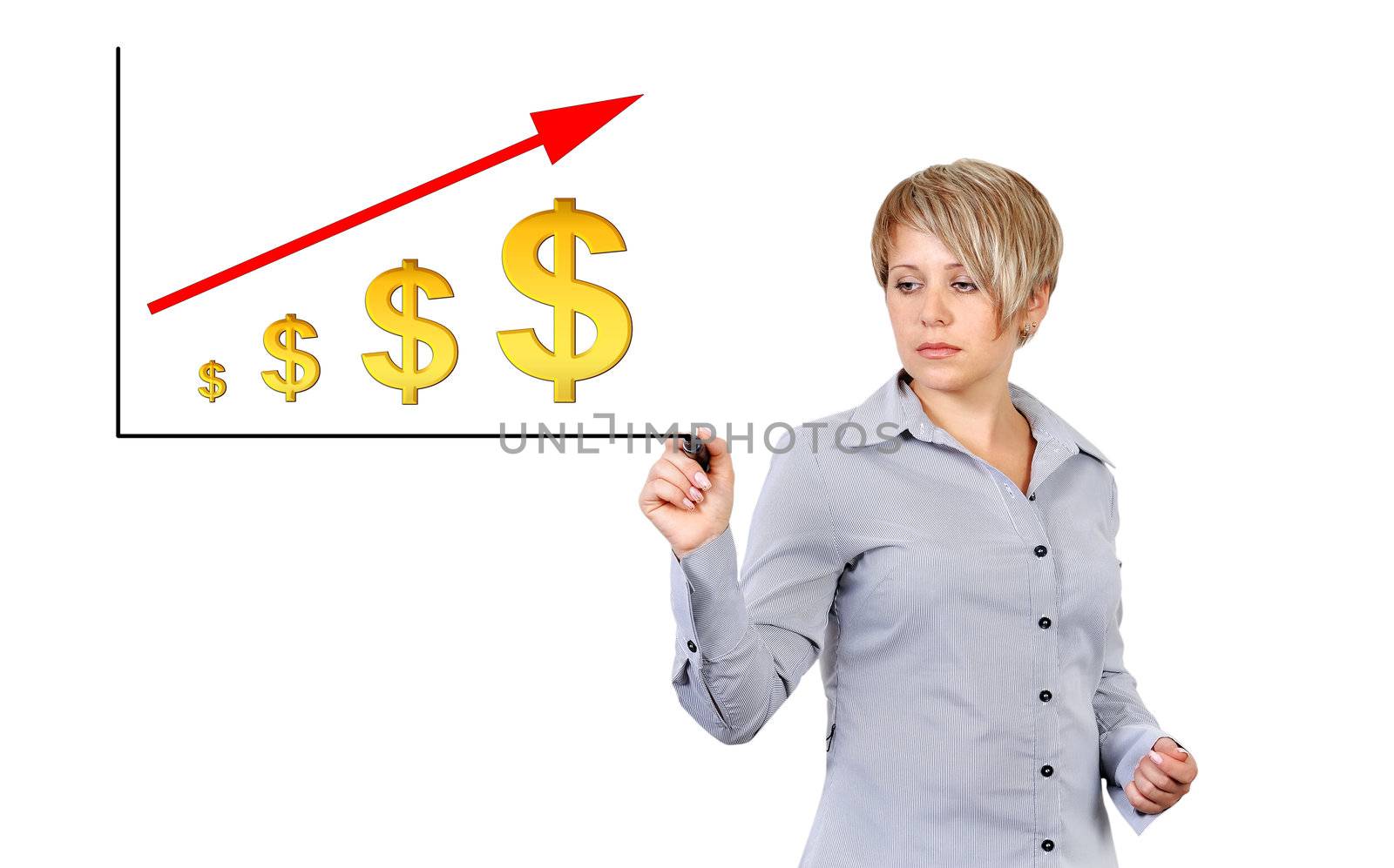 woman drawing scheme rising dollar