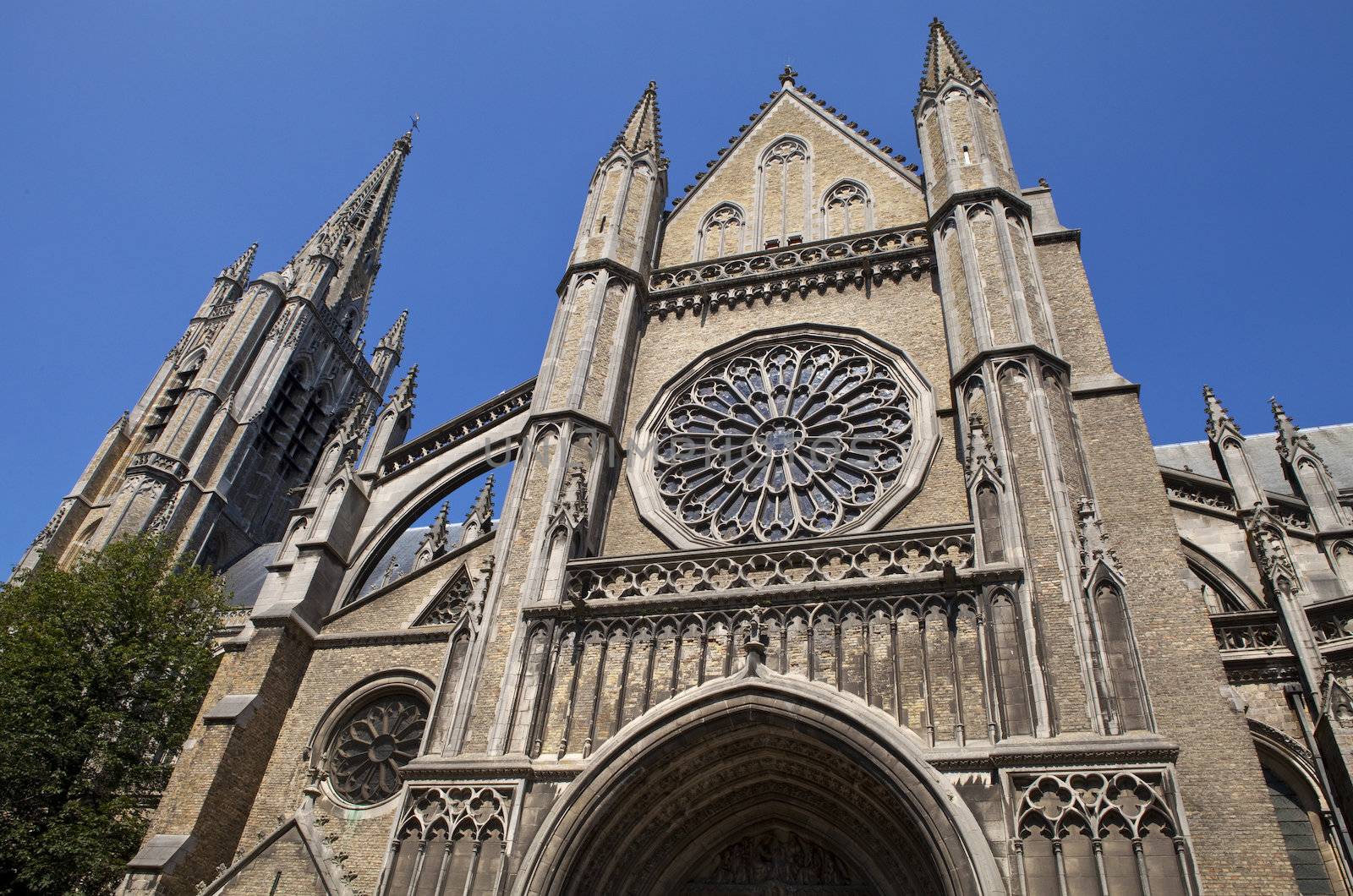 Looking up at the impressive St. Martin's Cathedral in Ypres, Belgium.