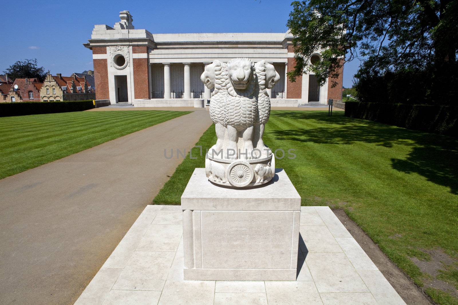 A monument/memorial dedicated to the Indian servicemen who fought in Flanders fields during the first world war.  Behind the monument is the Menin Gate.