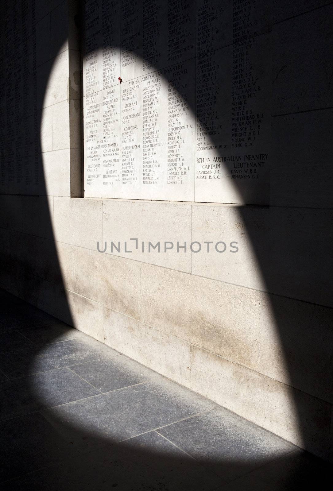 Names of fallen war heroes from the first World War on the Menin Gate in Ypres.  The Menin Gate is dedicated to the British and Commonwealth soldiers who were killed in the Ypres Salient of World War I and whose graves are unknown.