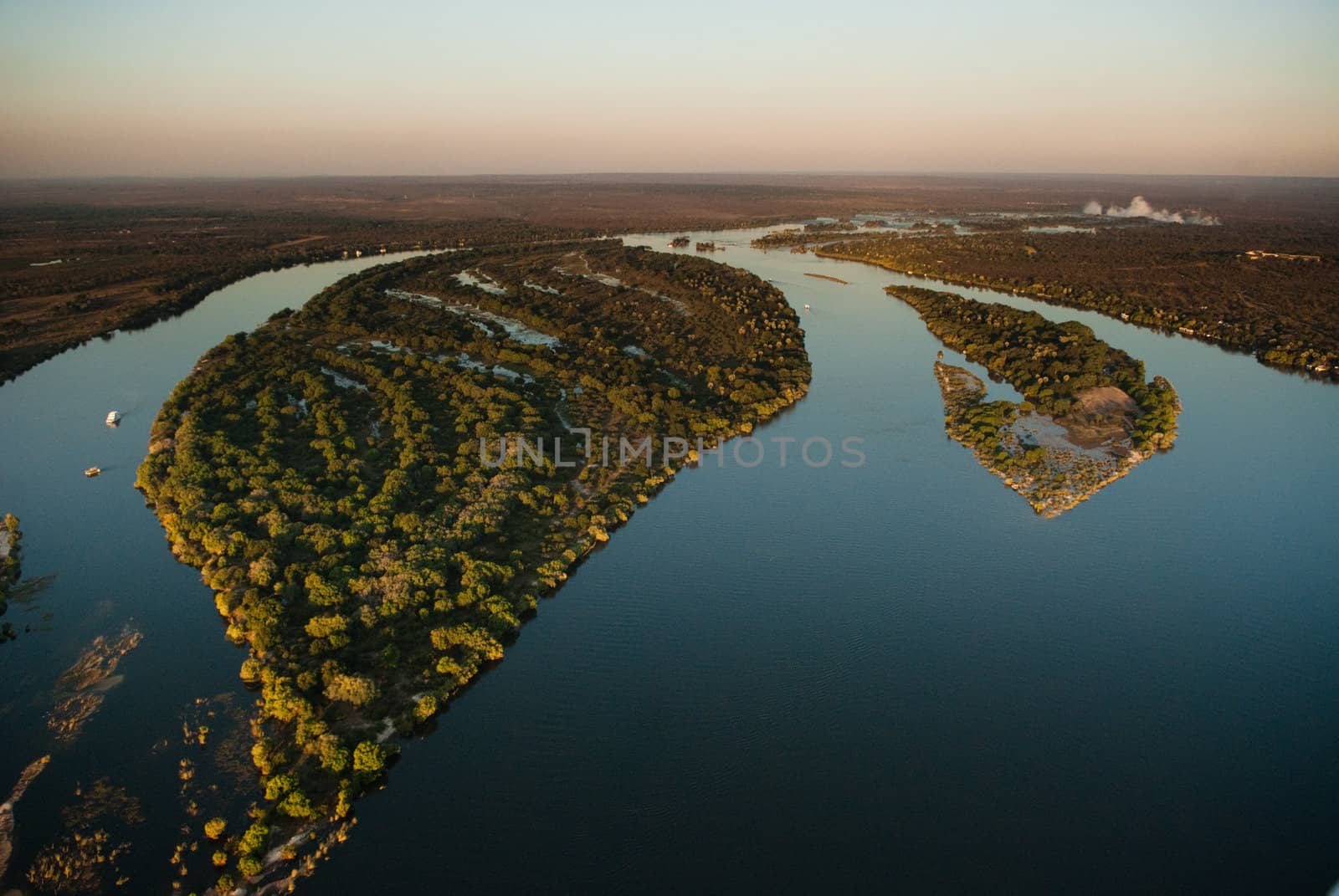 Aerial view of the Zambezi river with riverboats