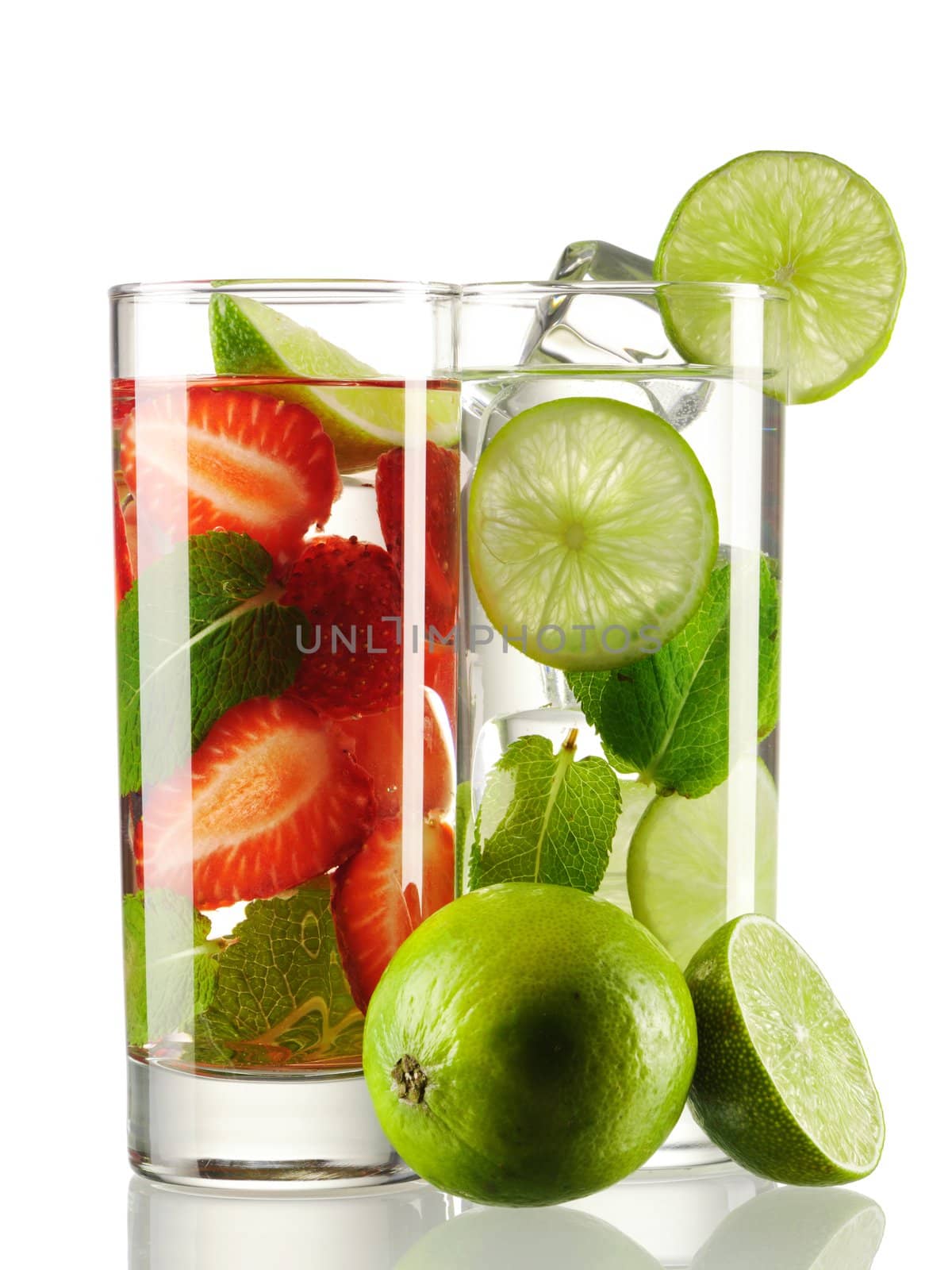 Mojito cocktails - original and strawberry isolated on white