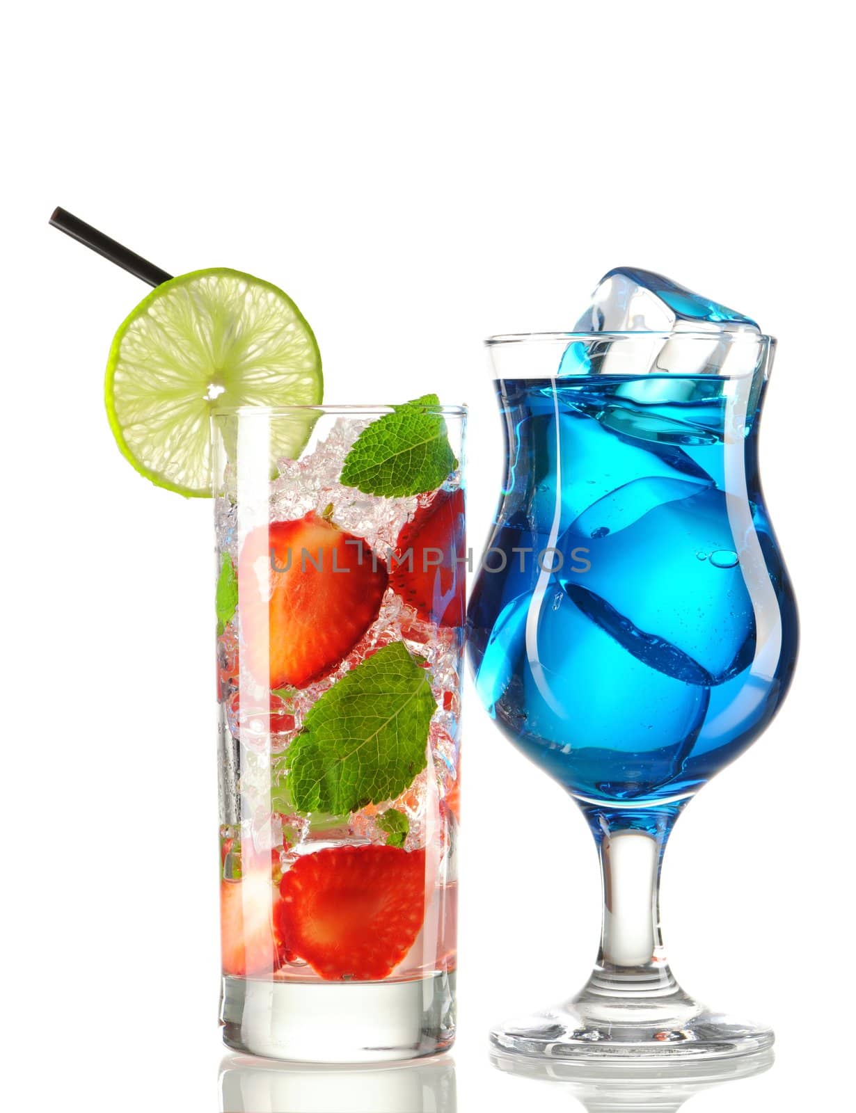 Strawberry mojito and Blue Curacao cocktails isolated on white