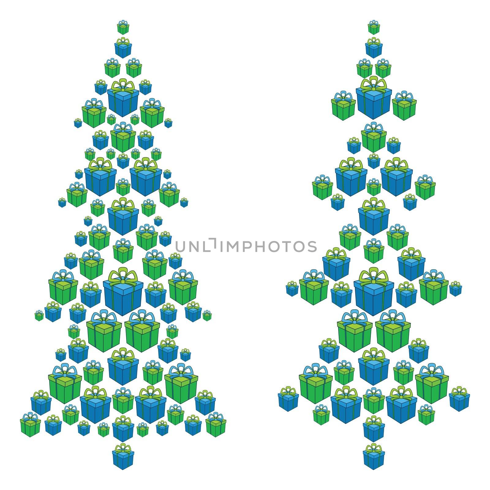 Christmas trees made up of blue and green gift boxes on white background