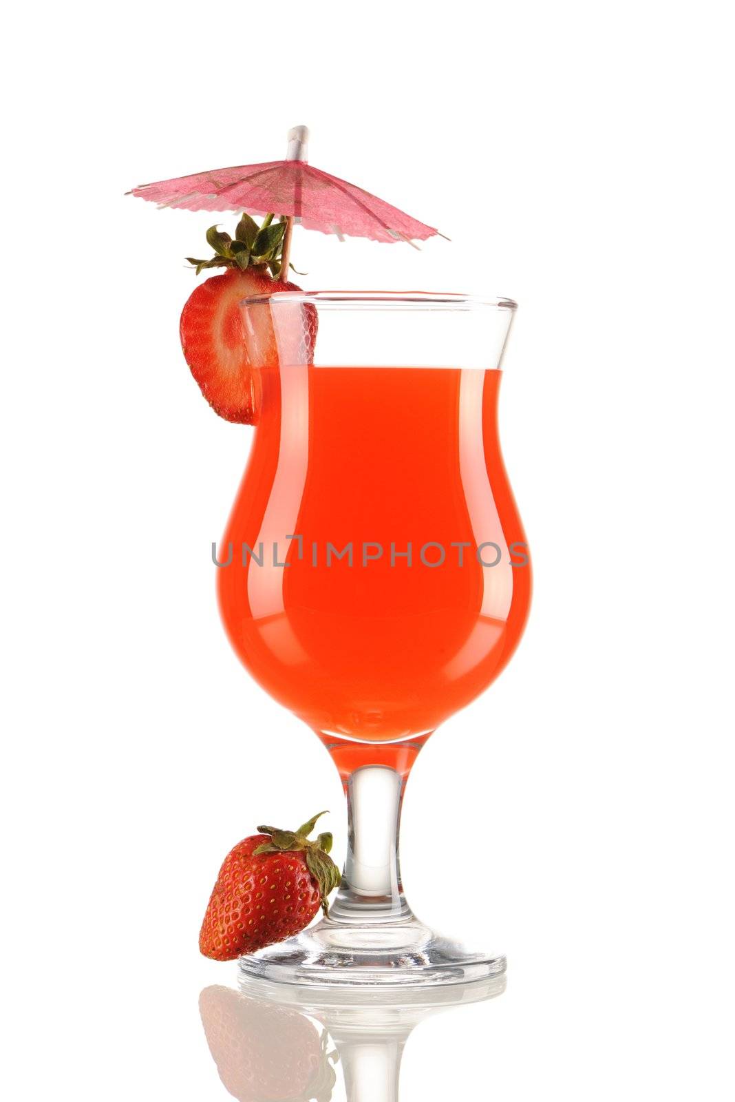 Cocktail with strawberry garnish isolated on white