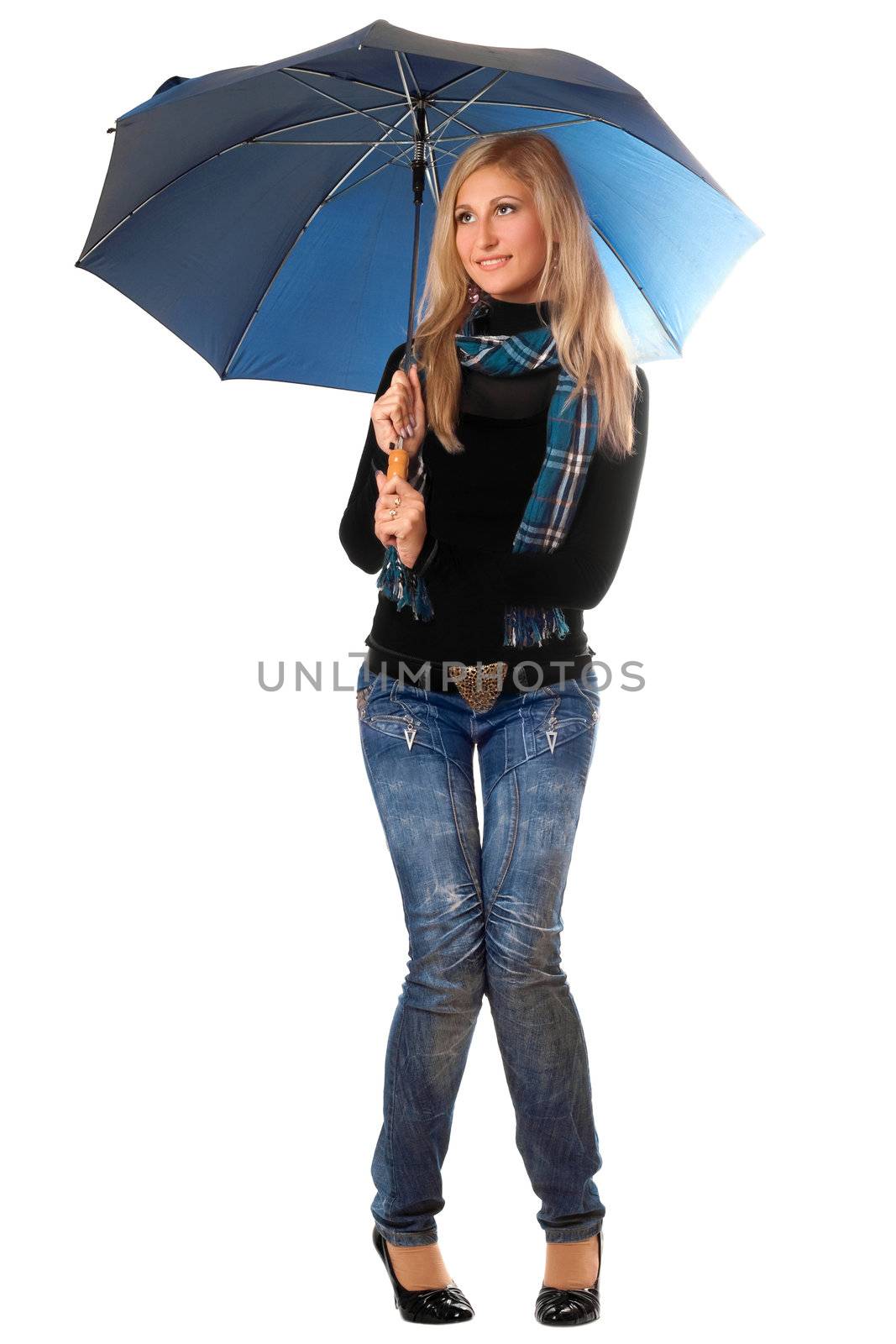 Beautiful smiling blonde with blue umbrella by acidgrey