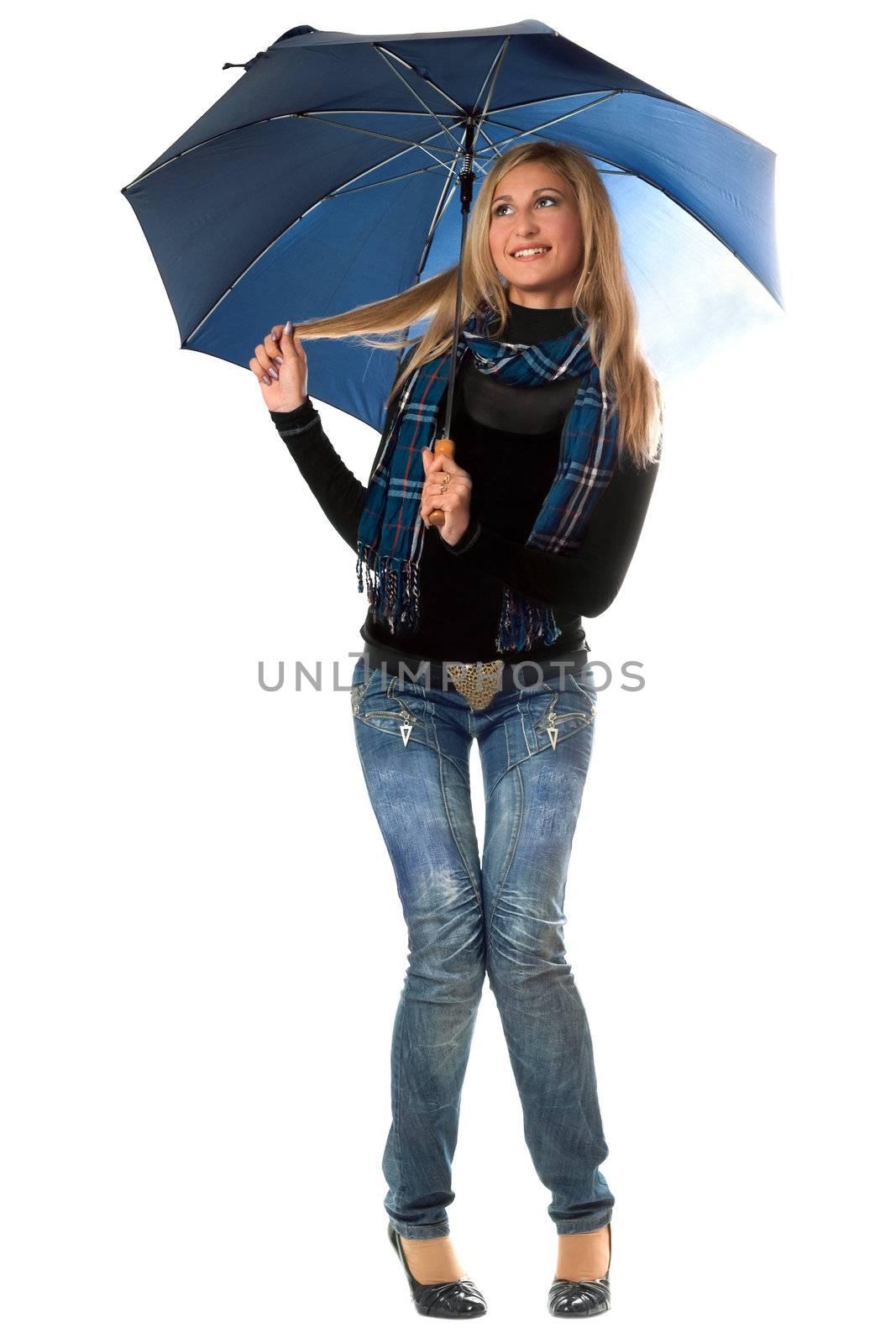 Beautiful playful blonde with blue umbrella. Isolated