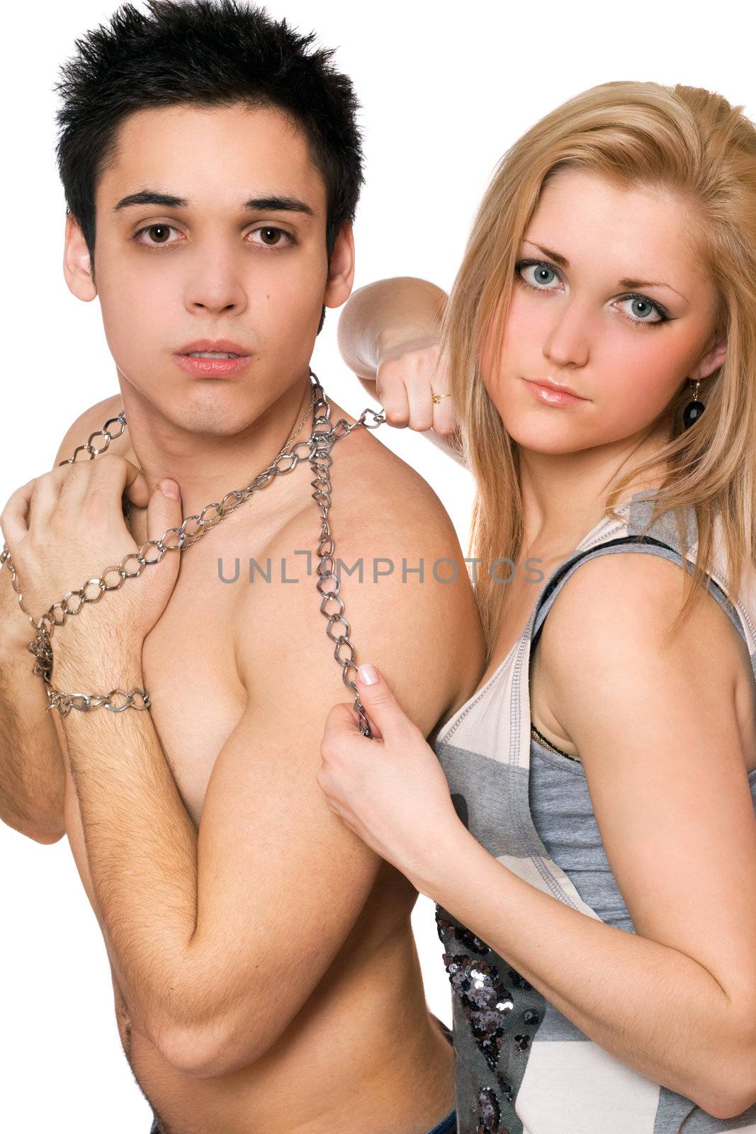 Pretty young woman and a guy in chains