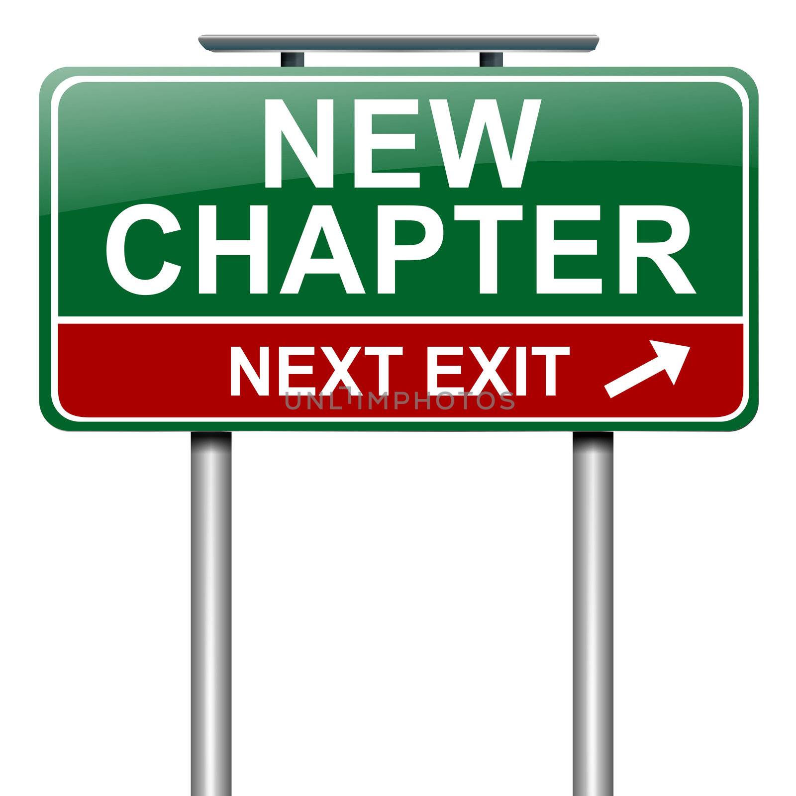 Illustration depicting a roadsign with a new chapter concept. White background.