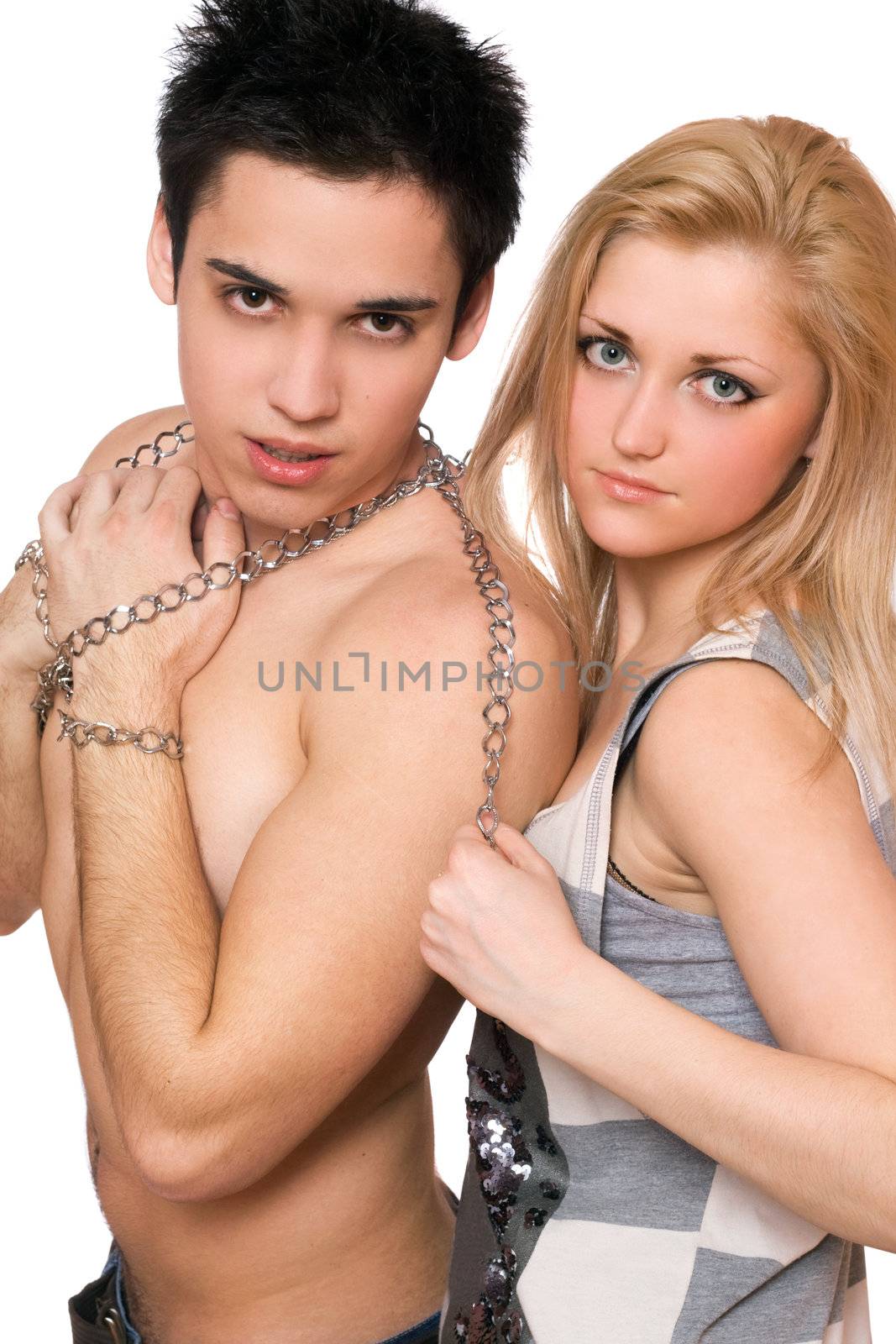 Attractive young woman and a guy in chains
