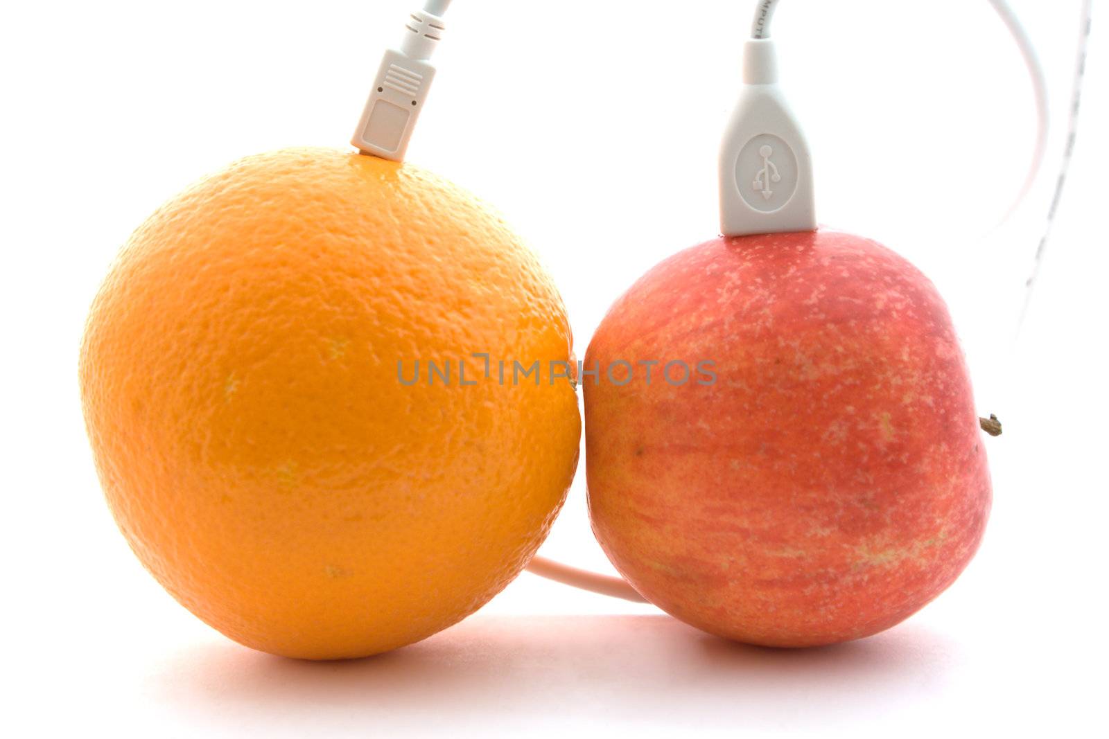 The orange and apple are connected through a cable 2